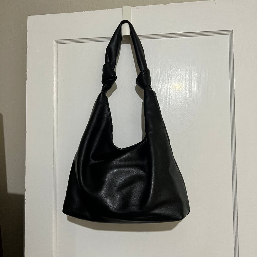 Black Slouch Hobo Vegan Leather Bag with Knotted Strap